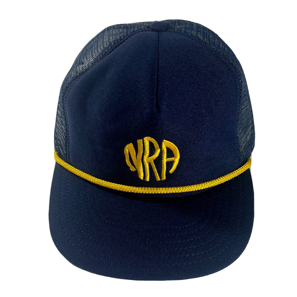 Vintage NRA Mesh Blue Rope Snapback Trucker Hat Cap-Made in USA Guns Rifle
